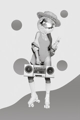 Composite collage photo of youngster carefree lady wear swimsuit bikini headless disco ball show...