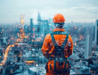 Construction Worker's Futuristic Vision: Cityscape and Digital Overlay