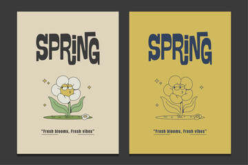 retro flower poster with a cute cartoon character, vector illustration