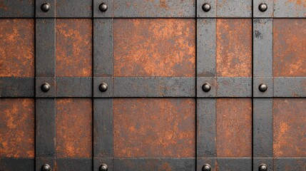 Fototapeta premium A textured metal wall featuring rust-colored panels bordered by dark metal, creating an industrial and vintage appearance.