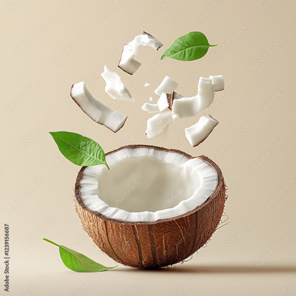 Poster fresh coconut pieces and leaves floating against a light background creating a dynamic scene