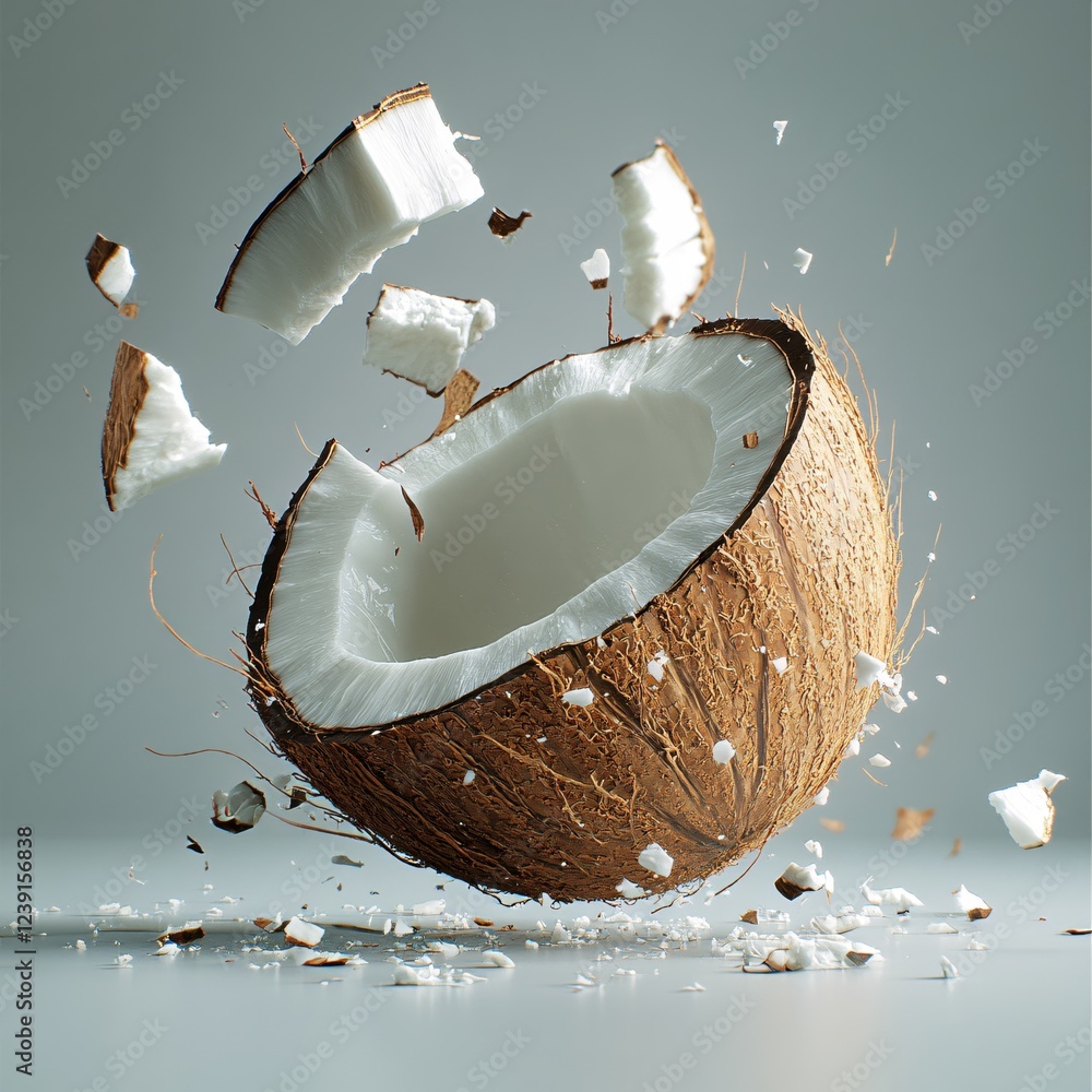 Poster exploding coconut with flying pieces and fibers on a light gray background a dynamic scene