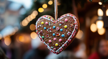 A vibrant gingerbread heart, adorned with colorful icing and sprinkles, hangs from the ceiling at a...