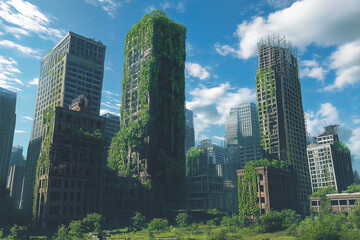 Obraz premium A post-apocalyptic desert city overtaken by nature, vines covering abandoned skyscrapers