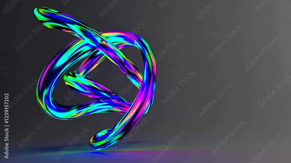 Poster holographic iridescent metallic tubes intertwining and creating an abstract design, casting colorful