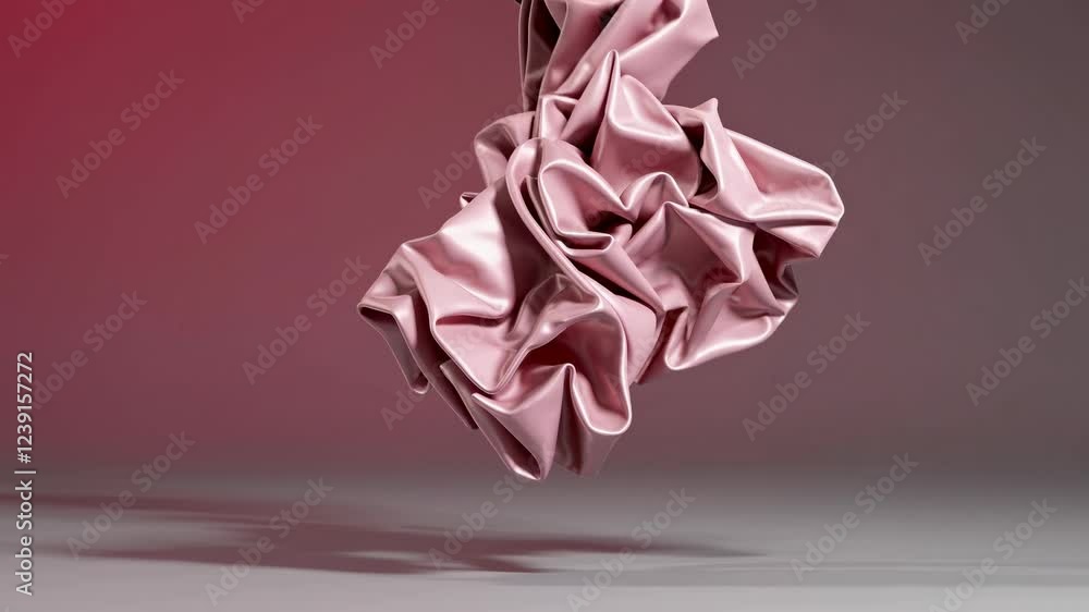 Poster pink silk fabric elegantly draped and folded, creating a dynamic and abstract shape against a gradie