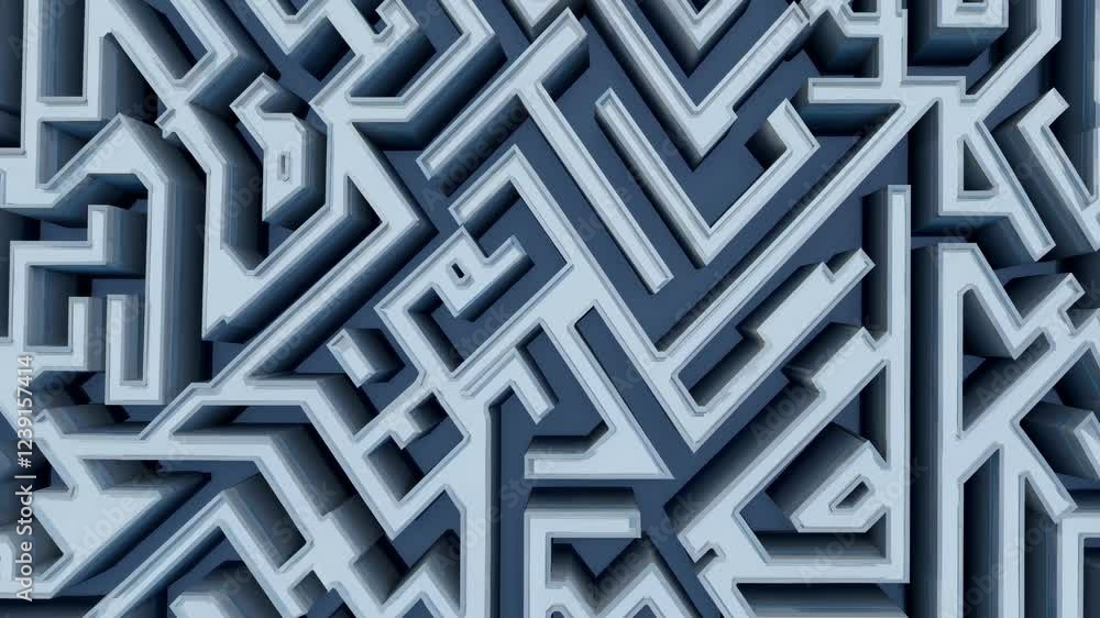 Poster intricate white lines create a complex three-dimensional maze against a dark blue background, formin