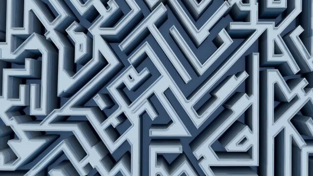 Intricate white lines create a complex three-dimensional maze against a dark blue background, forming an abstract and visually stimulating pattern