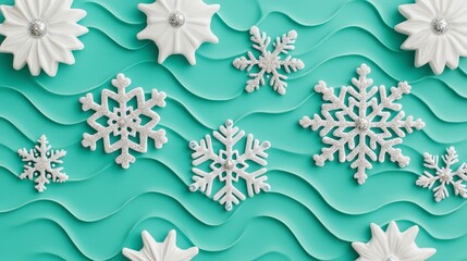 Winter Decoration with White Snowflakes on Aqua Background