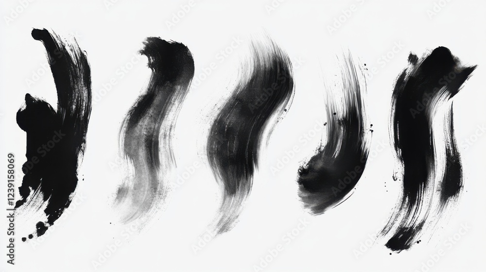 Poster abstract black brush strokes on white background displaying varied textures and shapes