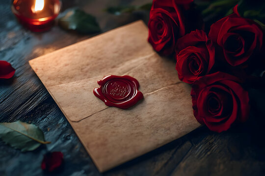 A vintage-style love letter, sealed with a red wax stamp, accompanied by a bouquet of deep red roses and soft lighting for a romantic feel. - Powered by Adobe