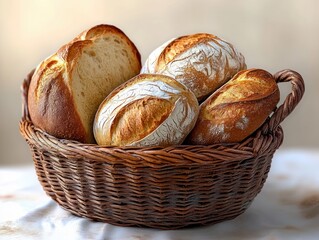 Artisanal Bread Rolls in Woven Basket Freshly Baked for Breakfast