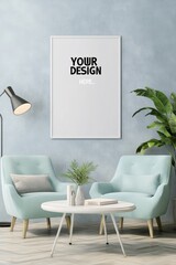 Scandinavian-inspired living room setup featuring mint green chairs, minimalist table, stylish lamp, and customizable poster design. Ideal for home decor projects.