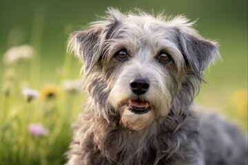Happy Grey Mixed Breed Dog: Close-up Portrait of Large Senior Dog Outdoors in Summer