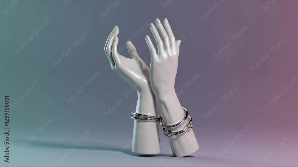 Poster white mannequin hands wearing silver bracelets are gently touching each other on a gradient backgrou