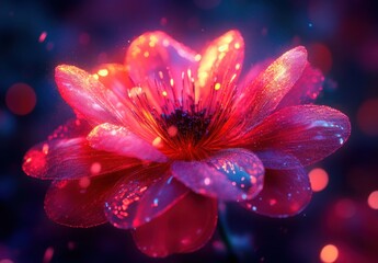 Fototapeta premium Vibrant Red Flower Glowing in Multicolored Lights with Sparkles and Bokeh Effect for Artistic Backgrounds and Nature Inspirations