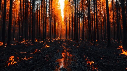 Fototapeta premium Fiery Forest Landscape with Flames and Burning Trees at Sunset