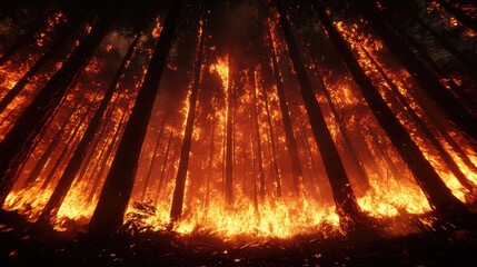Intense Forest Fire Illuminates Trees with Bright Flames and Smoke