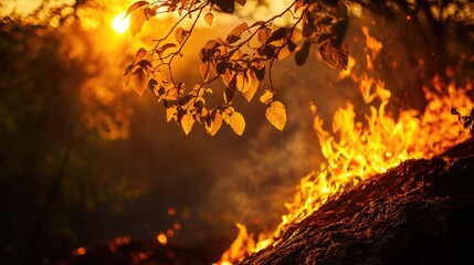 Vibrant Sunset Glow over Fiery Orange Flames and Green Leaves