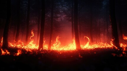 Fototapeta premium Intense Wildfire Engulfs Forest with Flames and Smoke at Dusk