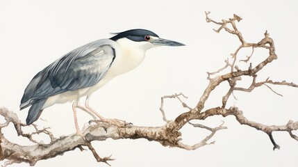 Obraz premium Black-crowned night heron perched on branch, nature background, wildlife art