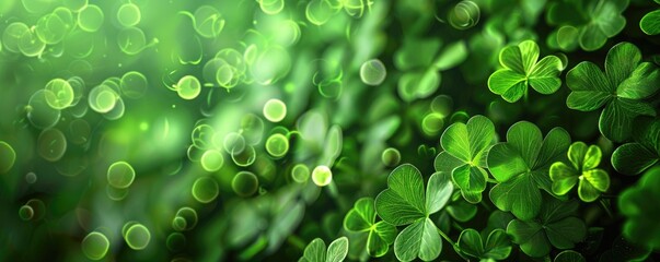 Clover Leaves Glittering with Morning Dew, A lush carpet of green clover leaves glistens with dew under the soft morning light, evoking a fresh and serene ambiance. MZ 