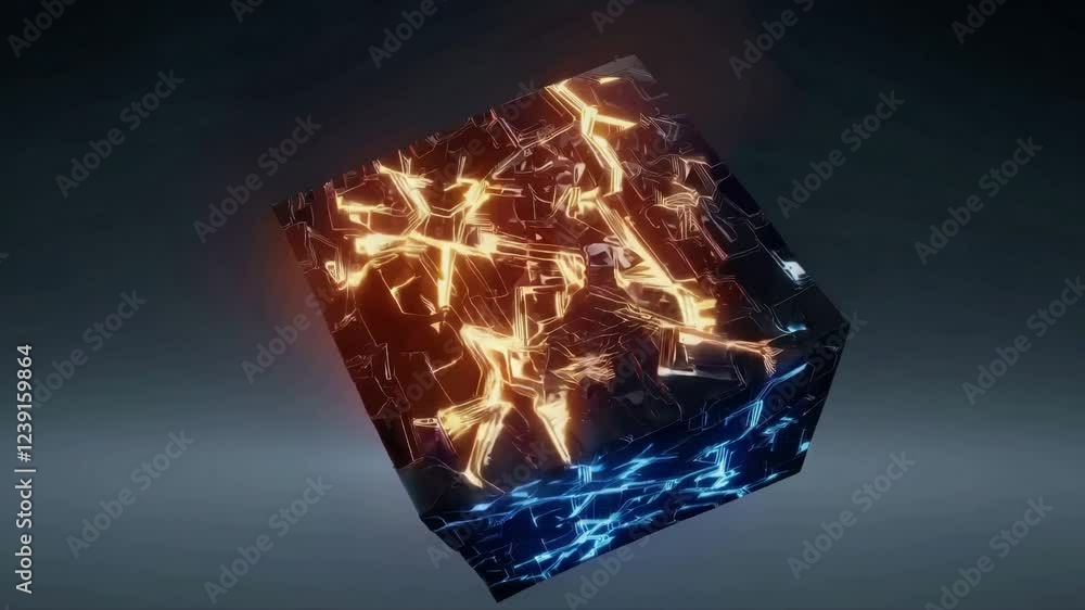 Poster futuristic black cube with glowing orange and blue cracks emitting a mysterious light, creating a ca