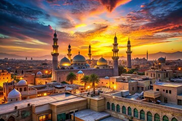 Obraz premium Panoramic View of Arabian City Skyline at Sunset - Stock Photo