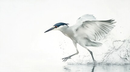 Black-crowned night heron taking flight, water splash, white background, nature scene, wildlife photography