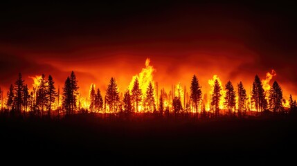 Dramatic Forest Fire at Night with Flames and Smoke Rising High
