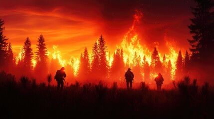 Fototapeta premium Brave Firefighters Battling Intense Wildfire in Dramatic Landscape