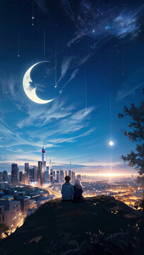 moon over the city at night couple at night time under sky illustration