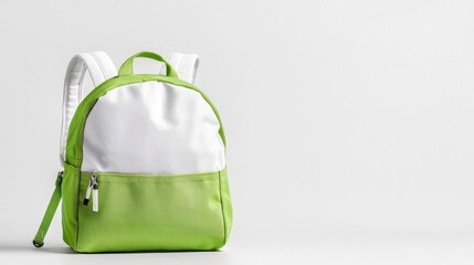 Green and white backpack on white background, ready for school