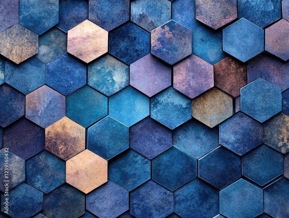 Poster abstract geometric pattern of textured blue and gold hexagons creating a modern background