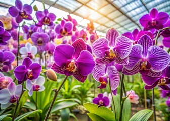 Obraz premium Panoramic View of Exotic Purple Orchids in a Nursery - Vibrant Floral Details