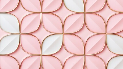 A stylish geometric pattern of interlocking shapes in soft pink and white with gold accents, creating a modern and elegant design.