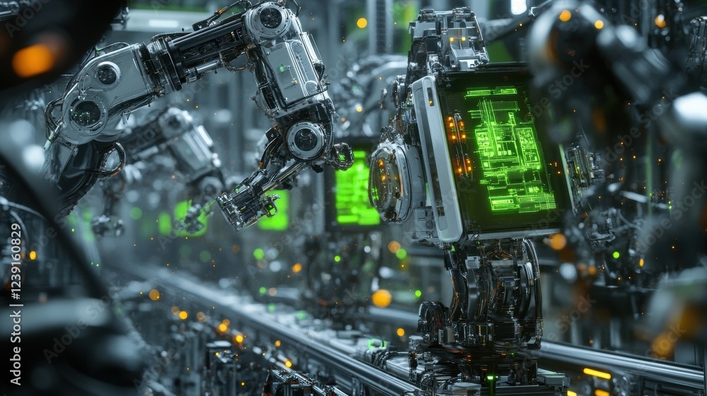 Poster robotic arms are working on an innovative product on a production line inside a technologically adva