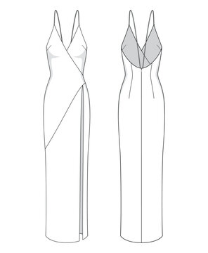 Vector fashion technical drawing of a long silk slip dress with front and back view. V-necked. Low back neckline. Spaghetti straps. Slit at the left side. Side darts. Back darts. Woven fabric.
