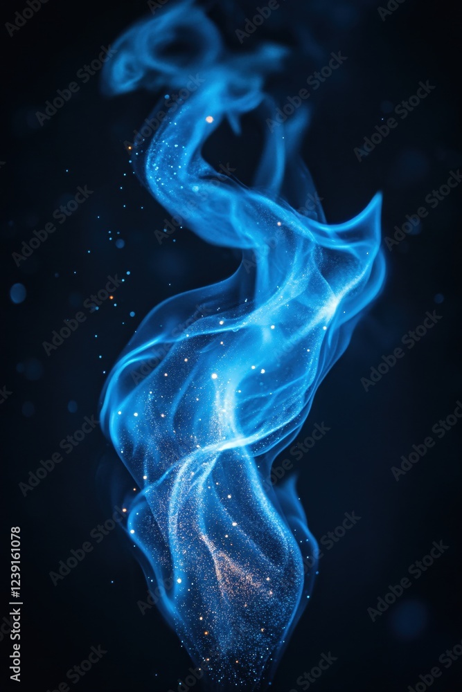 Poster abstract blue smoke with sparkling particles floating in dark space creating a magical effect