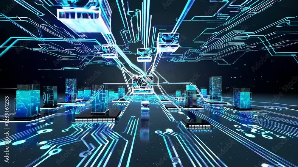 Poster pulsating with energy, a complex network of circuits and data blocks flows with information, craftin