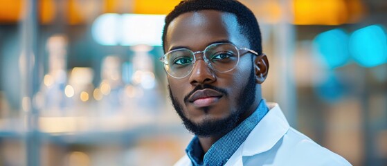 Portrait of a man with glasses wearing a white lab coat in a blurred laboratory setting