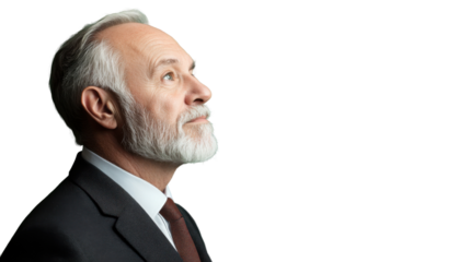 Senior businessman looking up on transparent background