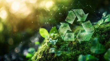 Luminous green recycling symbol hovering above vibrant moss highlights the connection between technology and nature in promoting environmental awareness and sustainability