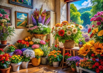 Fototapeta premium Panoramic View: Watercolor Floral Corner, Beautiful Spring Flowers, Artistic Home Decor