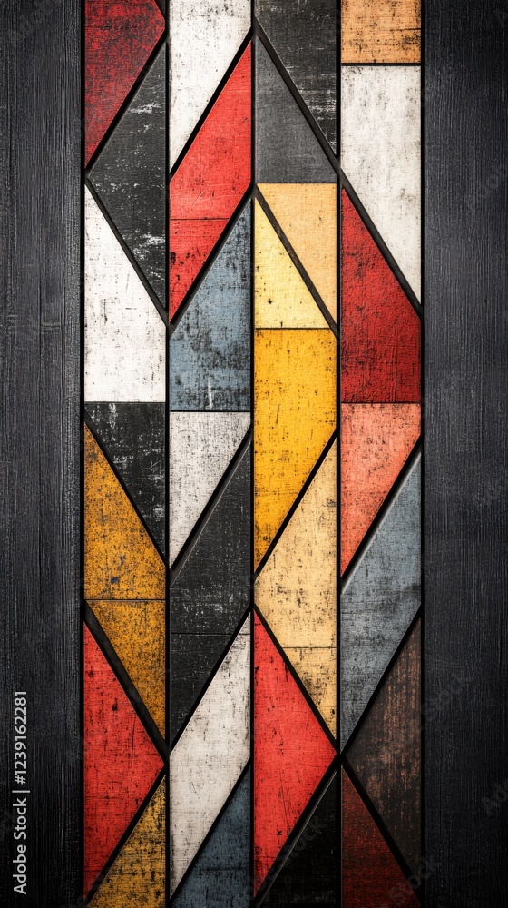 Poster abstract geometric wood panel with rustic charm and vibrant colors creating a bold pattern