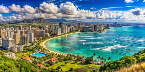 Panoramic Waikiki Beach and Honolulu Skyline from Diamond Head Lookout