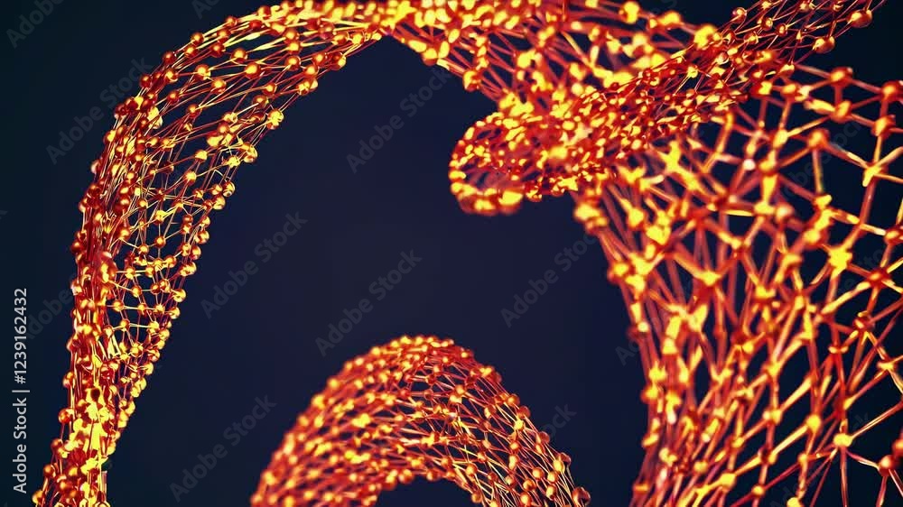 Poster golden network mesh rotating and glowing on dark background, forming a complex structure with interc
