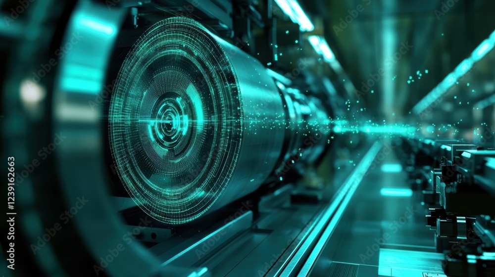 Poster innovative industrial roller rotating and processing data in a futuristic factory, showcasing advanc