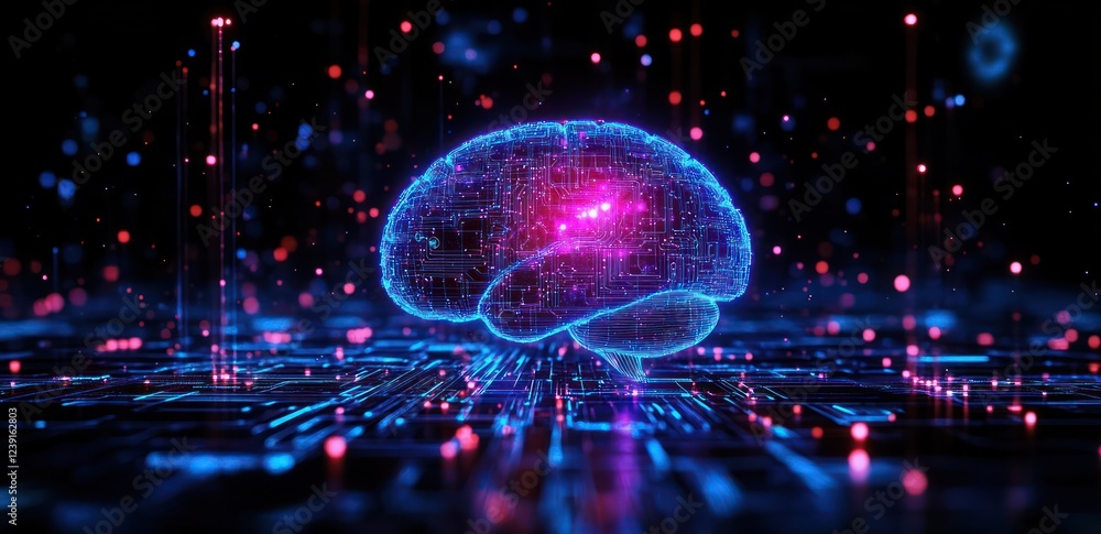 Poster futuristic digital brain hologram glowing ai technology neural network deep learning cyberpunk conce