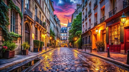 Naklejka premium Parisian Street Scene: Rue du Cirque, Charming Parisian Alleyway, Vintage Parisian Architecture, Cobblestone Street, French Capital Cityscape